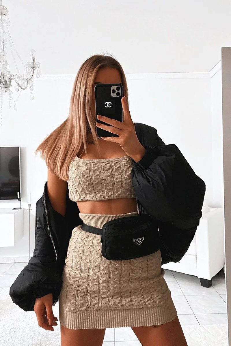 Beige Cable Knit Crop Top Skirt Co-ord - Vennie - Image 10