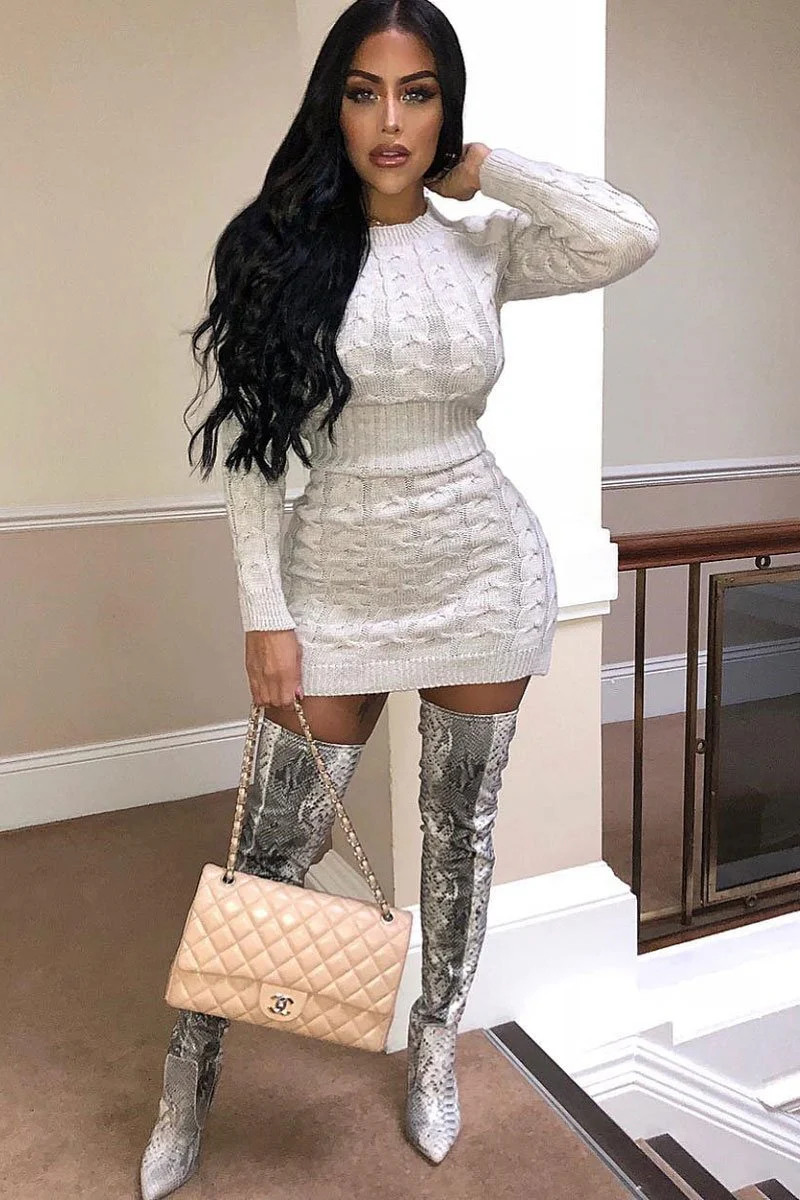 Beige Cable Knit Jumper Midi Dress - Jaylie - Image 7