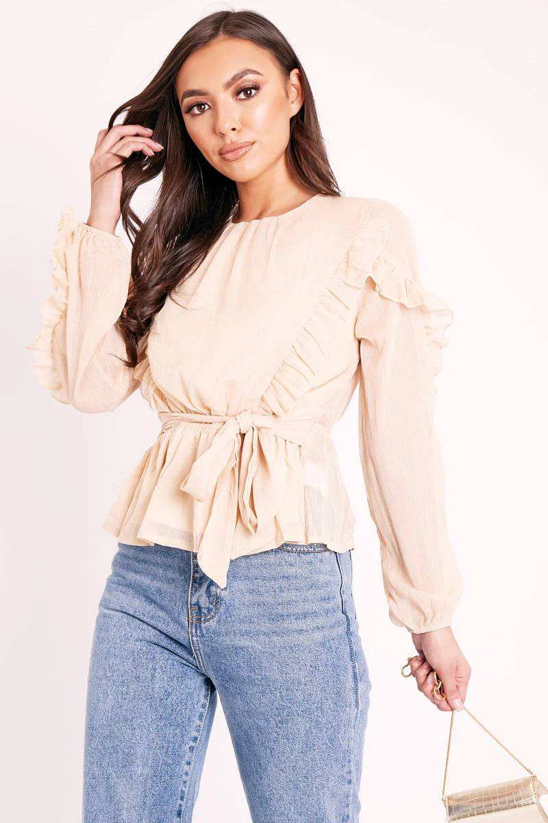 Beige Ruffle Belted Waist Metallic Finish Blouse - Betsey - Image 3