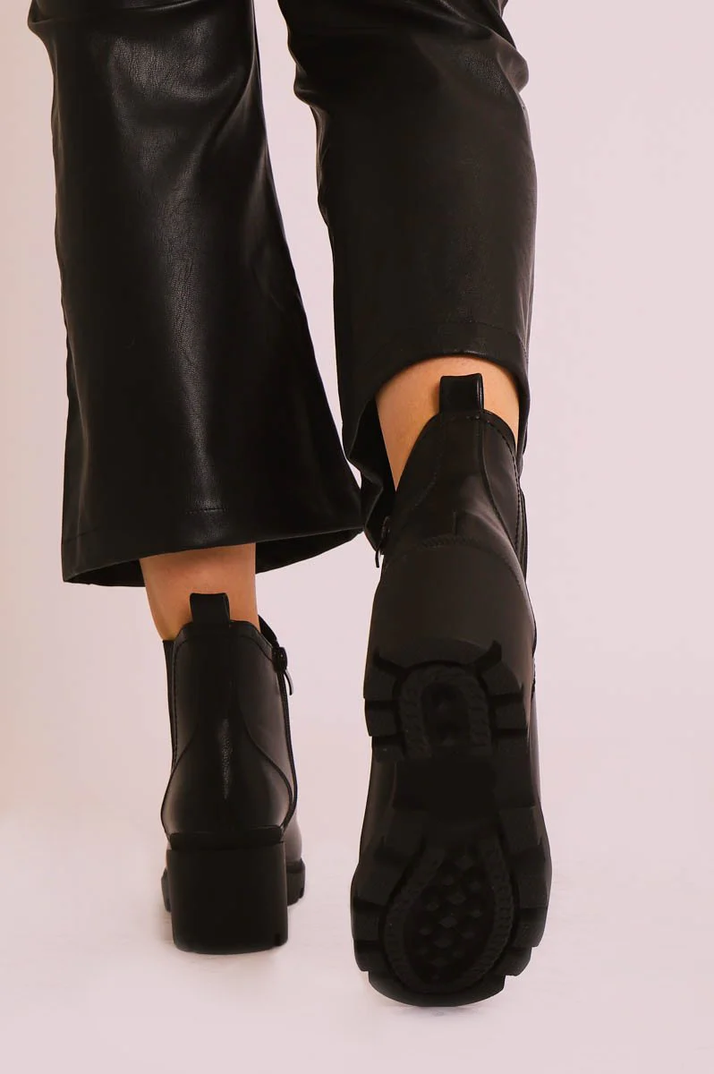 Black Faux Leather Chunky Heeled Chelsea Boots - May - Image 4