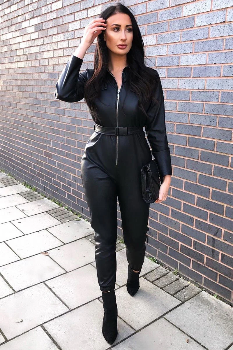 Black Faux Leather Utility Belt Boilersuit - Marlo - Image 10