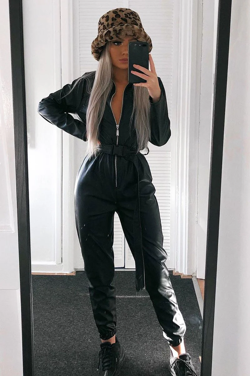 Black Faux Leather Utility Belt Boilersuit - Marlo - Image 6