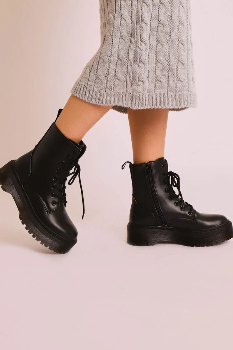 Black PU Leather Double Sole Boots - Dakoda - Image 3