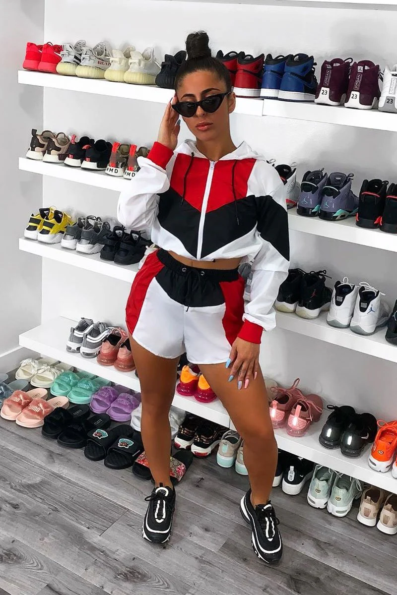 Black Red Colour Block Hooded Jacket Shorts Tracksuit Co-ord - Jettie - Image 7