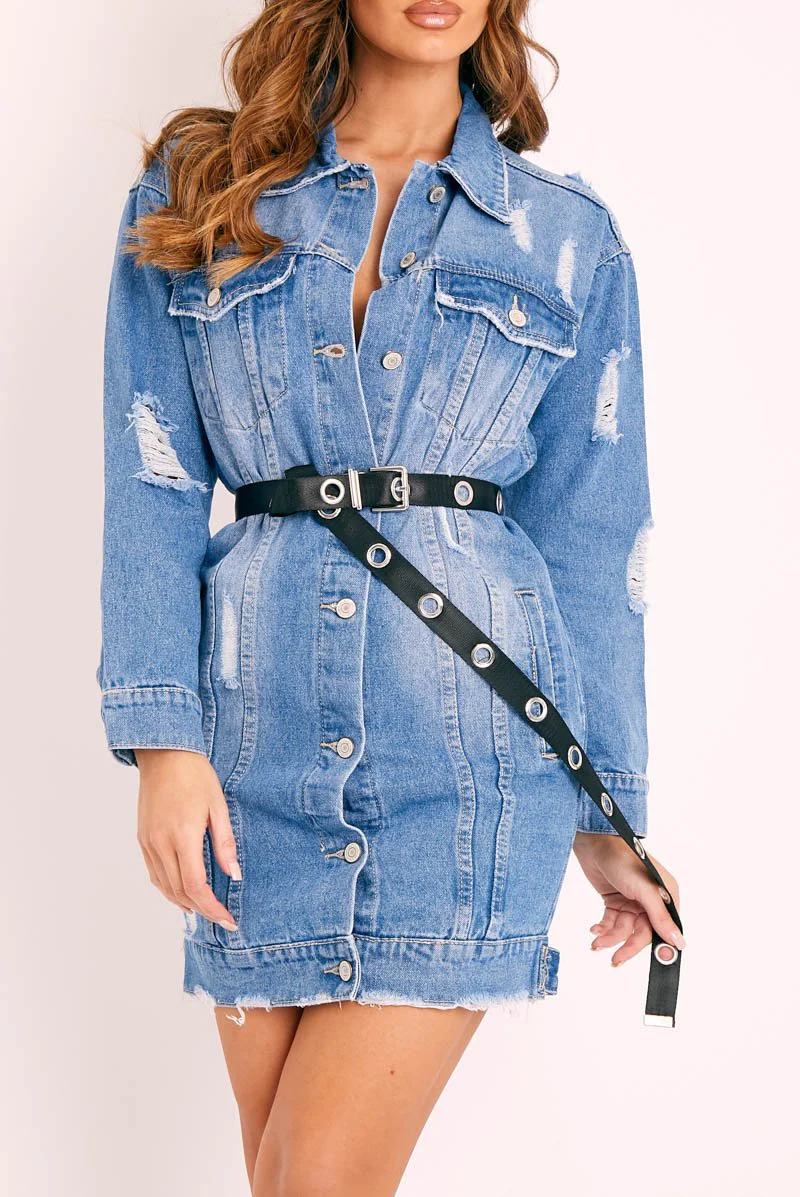 Blue Fitted Mini Denim Shirt Dress - Emiah - Image 3