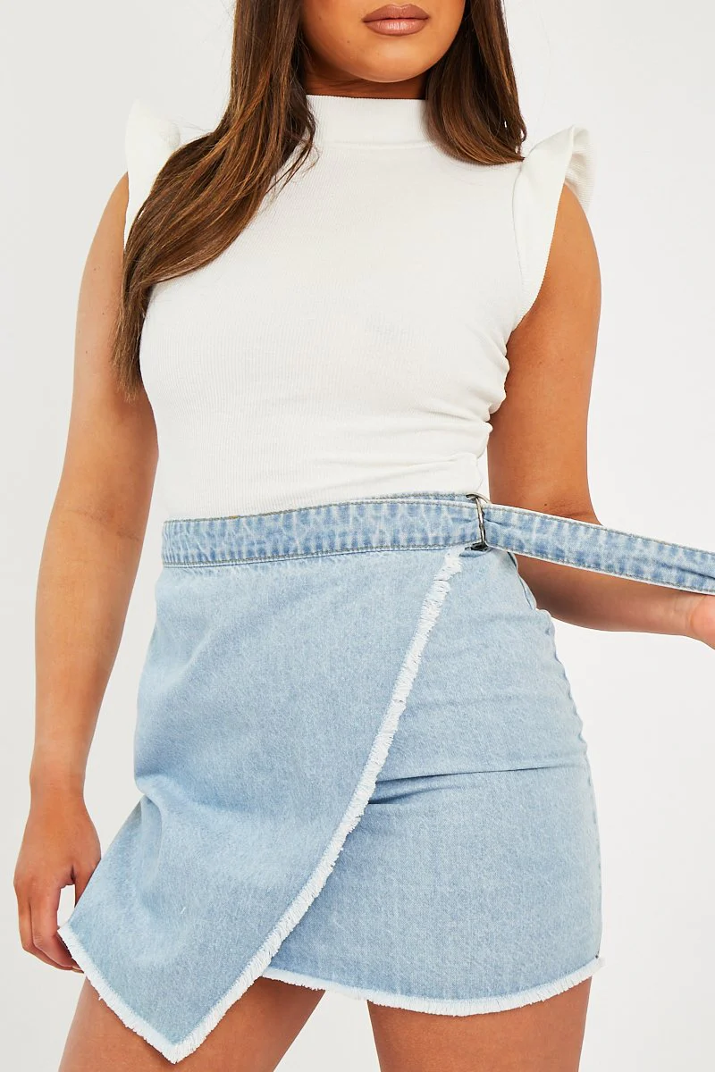 Light Blue Wrap Ring Fastening Denim Mini Skirt - Hestia - Image 3