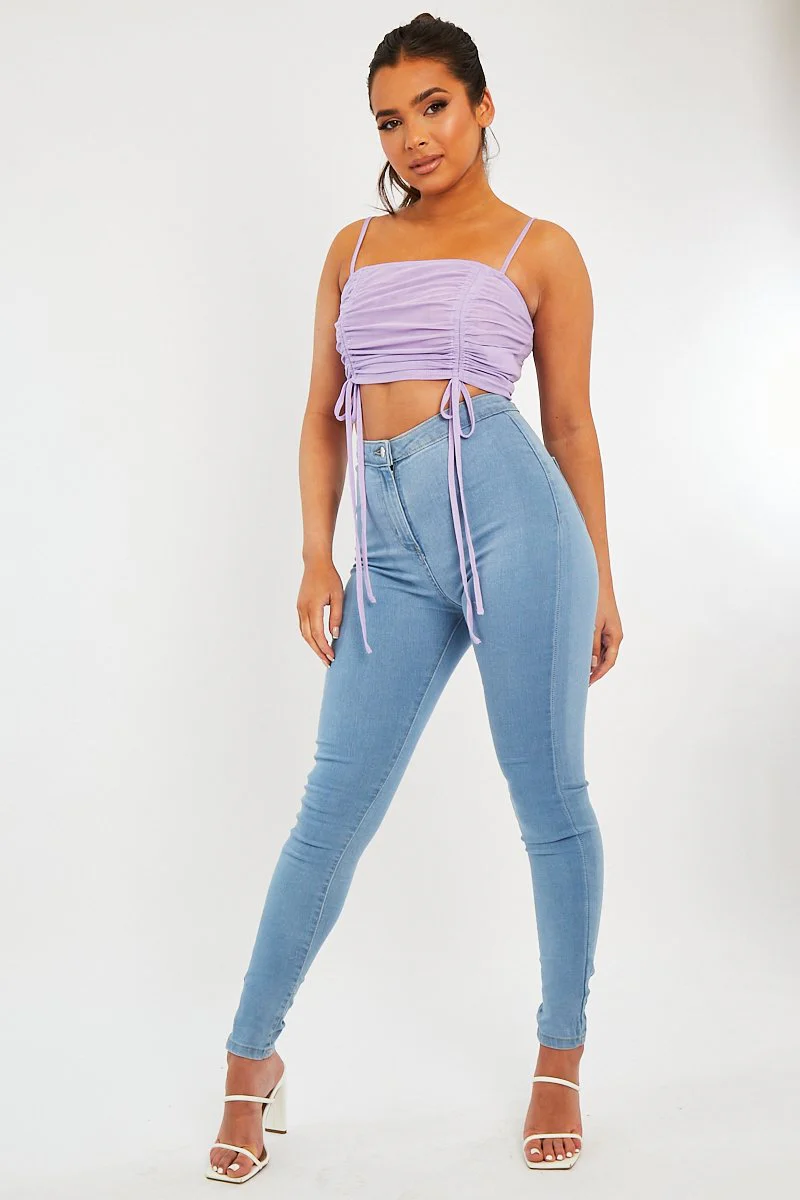 Lilac Mesh Ruched Square Neck Crop Top - Leyna - Image 3