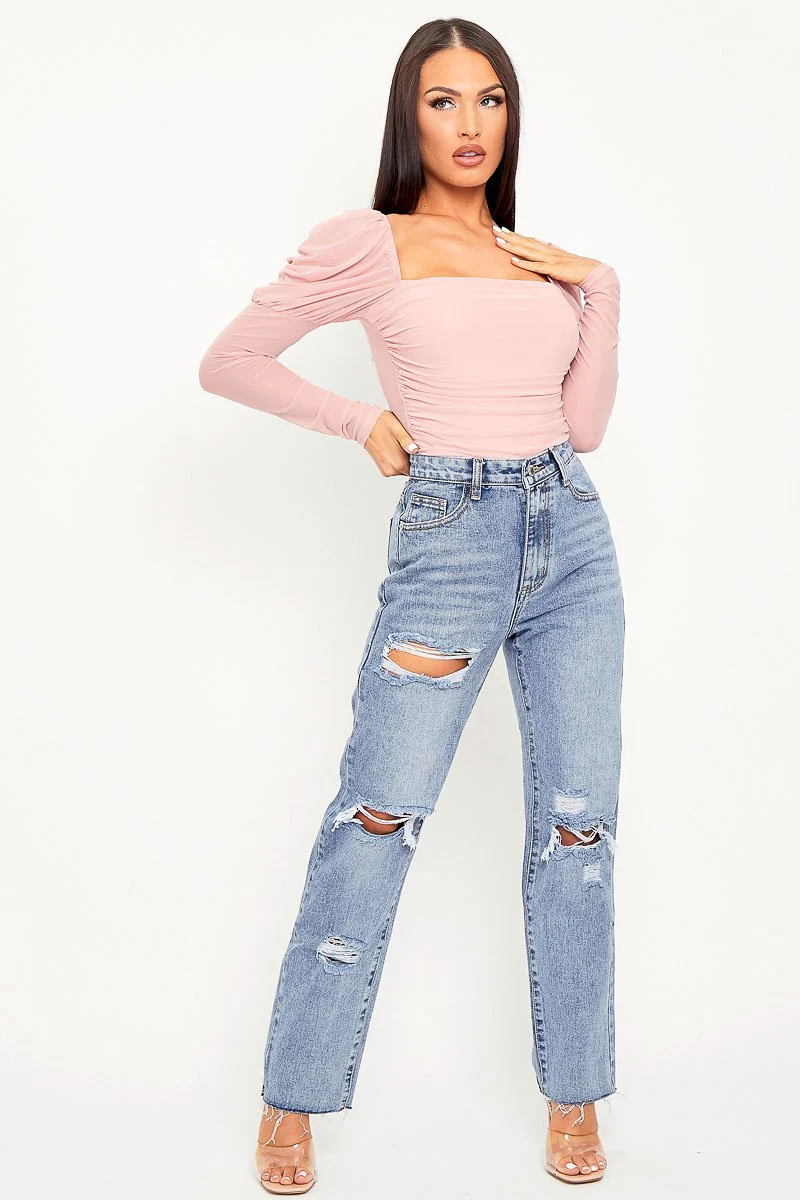 Pink Ruched Body Mesh Sleeve Bodysuit - Raeya - Image 4