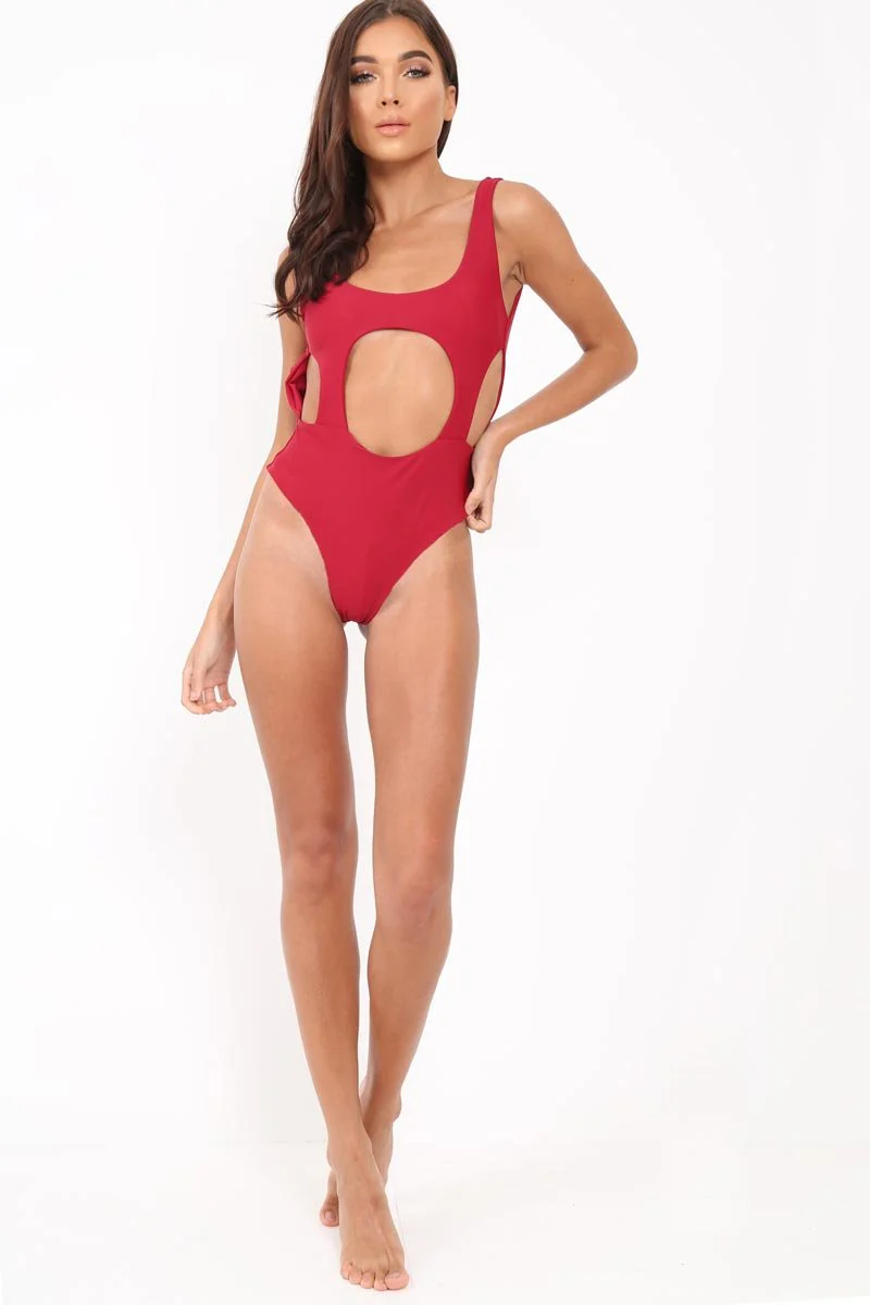 Wine Round Cutout Backless Swimsuit - Rinda - Image 3